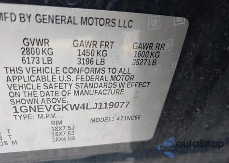 2020 Chevrolet Traverse Awd Lt Cloth from USA, damaged, VIN 1GNEVGKW4LJ119077